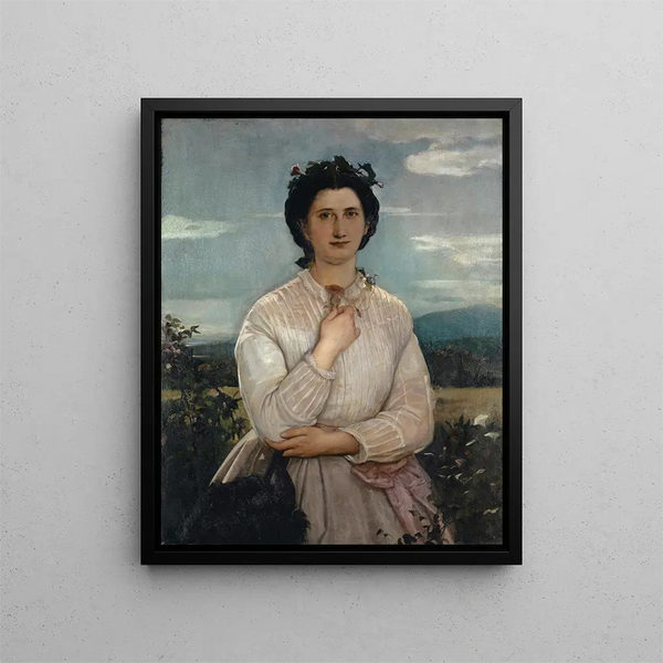 porträtt av Marie Elisabeth Brüstlein, blivande maka till konstnären - Ernst Stückelberg — inramlat konstverk på väggen