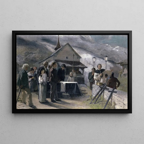 Les funérailles après le glissement de terrain de Spiringen Uri 1887 - Ernst Stückelberg — inramlat konstverk på väggen