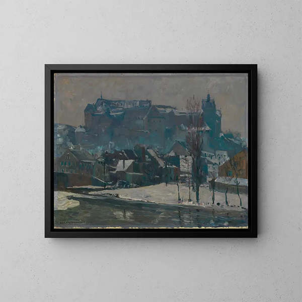 Kolditz sur la Mulde dans la neige - Eugen Bracht — inramlat konstverk på väggen