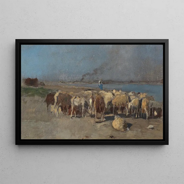 Troupeau de moutons le soir - Eugen Jettel — inramlat konstverk på väggen