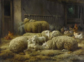 Eugene Remy Maes - Sheep And Chickens In A Barn.webp