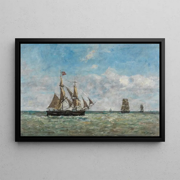 Båtar för fiske framför Trouville - Eugène Boudin — inramlat konstverk på väggen