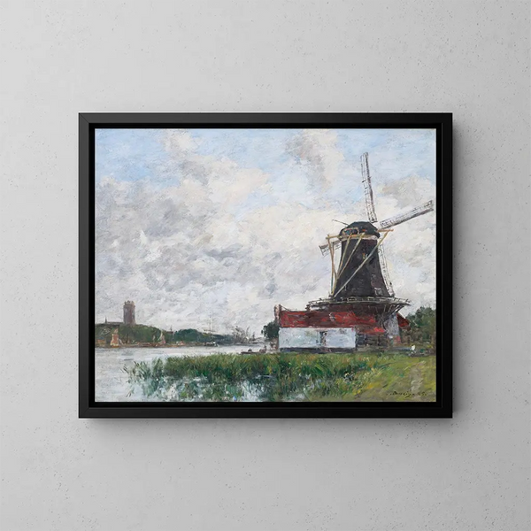 kvarn vid Meuse-floden i Dordrecht - Eugène Boudin — inramlat konstverk på väggen