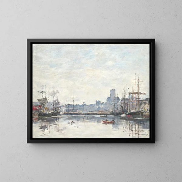 Le Port par temps de brouillard - Eugène Boudin — inramlat konstverk på väggen