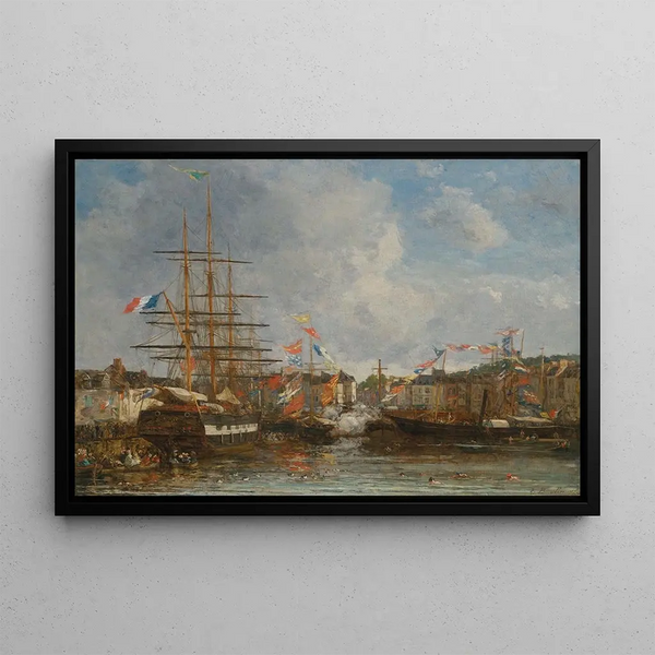 Fest i bassängen i Honfleur - Eugène Boudin — inramlat konstverk på väggen