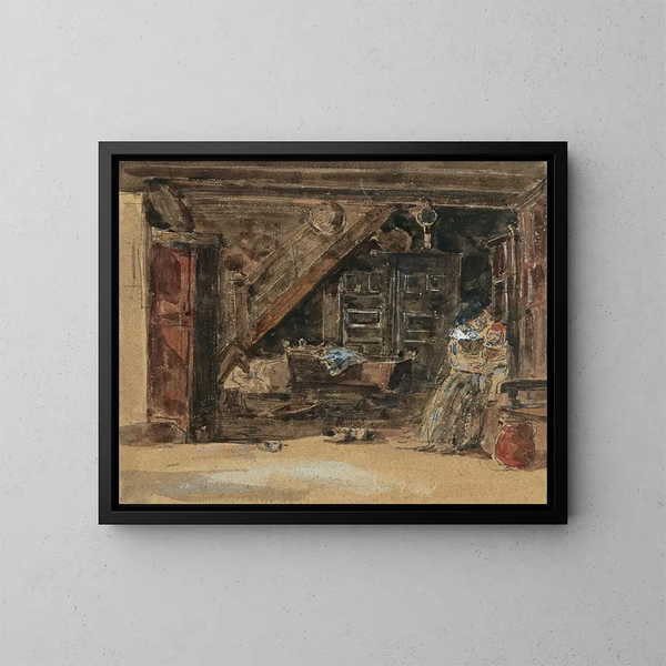 inomhus i Bretagne, akvarell - Eugène Boudin — inramlat konstverk på väggen
