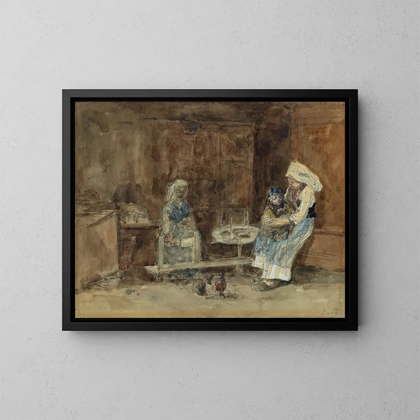 inomhus i Bretagne, förlossning - Eugène Boudin — inramlat konstverk på väggen