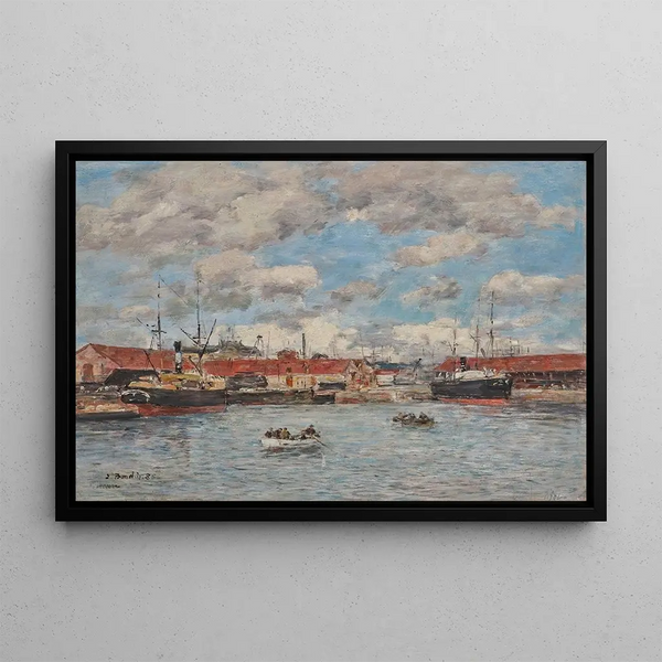 Le Havre, hamnbassängen för kajerna - Eugène Boudin — inramlat konstverk på väggen