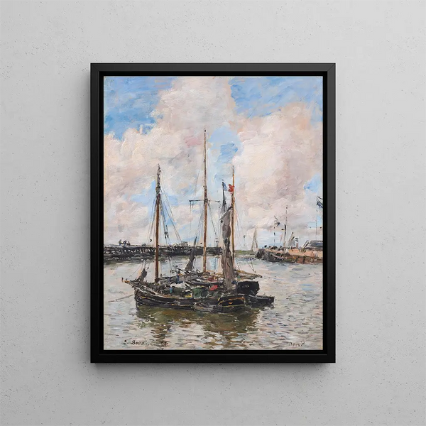 Längd: 60 cm, Höjd: 45 cm, Material: Canvas, Teknik: Olja, Origin: France, Artist: Eugène Boudin, Titel: L'entrée du port de Trouville — inramlat konstverk på väggen