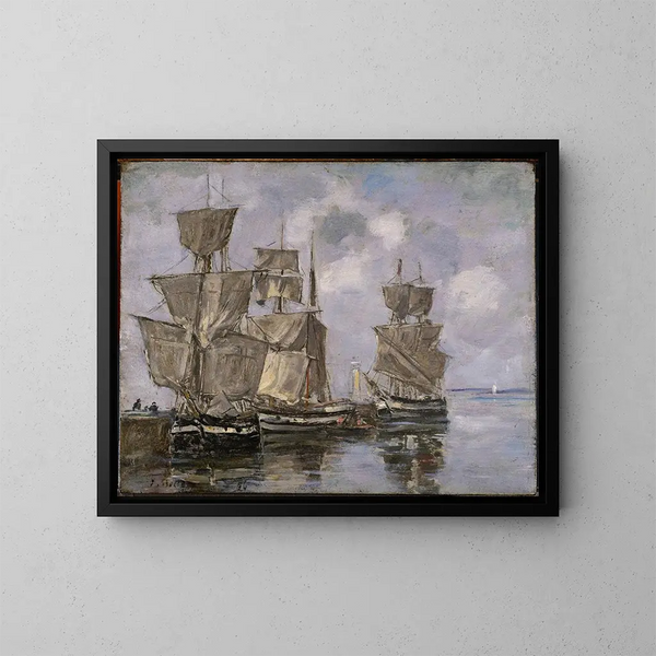 fartyg i hamnen i Honfleur - Eugène Boudin — inramlat konstverk på väggen