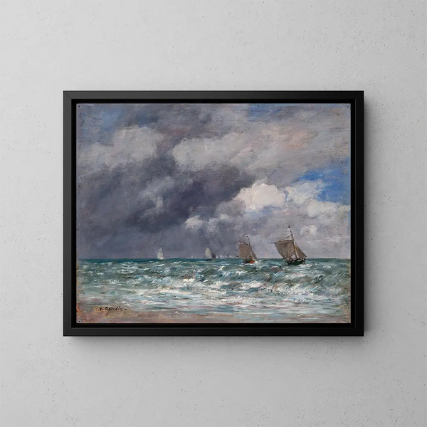 Båtar med segel nära Trouville - Eugène Boudin — inramlat konstverk på väggen