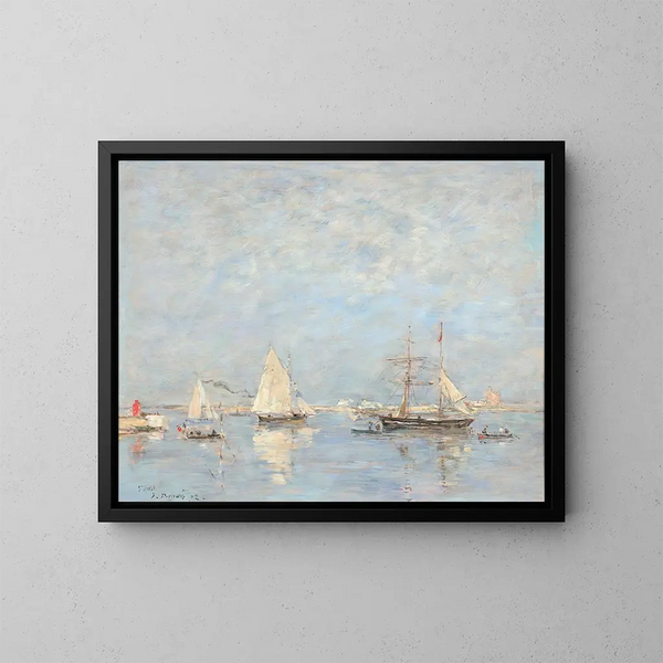 utgången av båtar i Saint-Vaast-la-Hougue - Eugène Boudin — inramlat konstverk på väggen