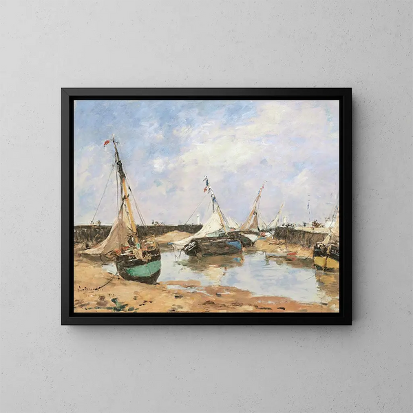 Trouville-båtar mellan pirarna - Eugène Boudin — inramlat konstverk på väggen