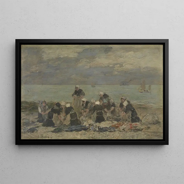kvinnor som tvättar kläder i Étretat - Eugène Boudin — inramlat konstverk på väggen