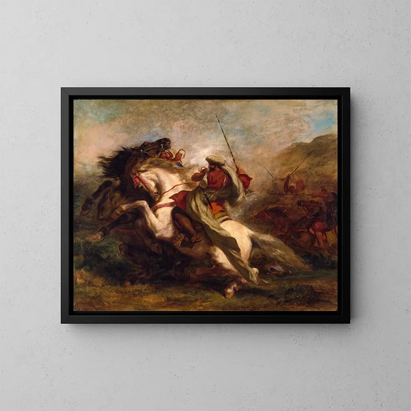 kollision mellan moriska ryttare - Eugène Delacroix — inramlat konstverk på väggen