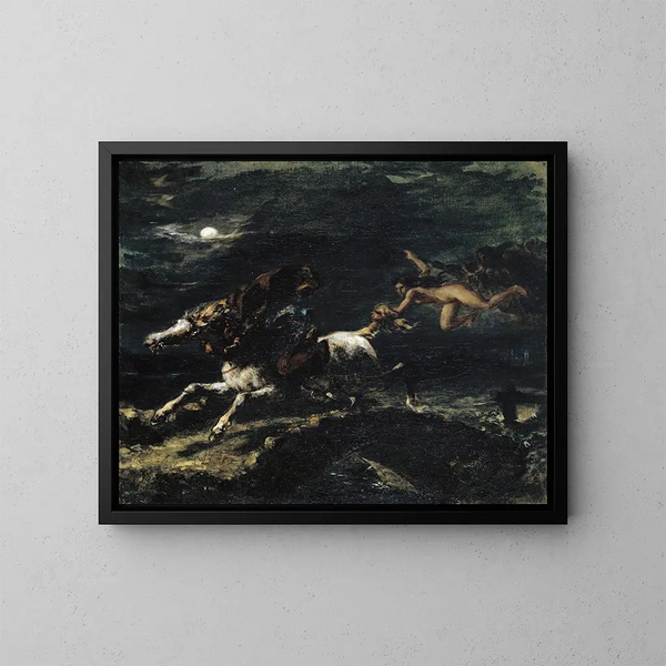 Tam O'Shanter jagas av häxorna - Eugène Delacroix — inramlat konstverk på väggen