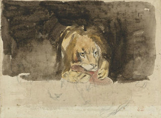 Eugne Delacroix - Vleesetende leeuw van voren gezien uitkomende tegen een donker fond.webp