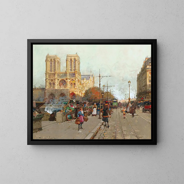 Notre-Dame de Paris sedd från Quai de Montebello - Eugène Galien-Laloue — inramlat konstverk på väggen