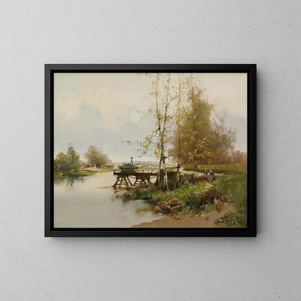 Längd: 60 cm, Höjd: 50 cm, Material: Canvas, Teknik: Olja, Ursprung: Frankrike, År: 1920-tal, Signerad: Ja, Ram: Nej, L: L'étang au bord du village - Eugène Galien-Laloue — inramlat konstverk på väggen