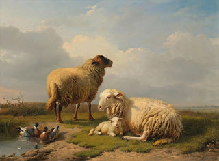 Eugne Joseph Verboeckhoven - Sheep Lamb and Ducks by a pond.webp