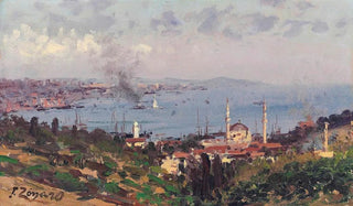 Fausto Zonaro - View of Nisantasi with the Dolmabahe Mosque Constantinople.webp
