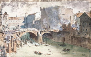 Fdor Hoffbauer - Le PetitPont et le PetitChtelet aprs lincendie du 27 avril 1718 actuellement rue du PetitPont quai Montebello.webp