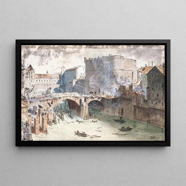 Le Petit Pont och le Petit Châtelet efter branden den 27 april 1718, för närvarande rue du Petit Pont quai Montebello - Fédor Hoffbauer — inramlat konstverk på väggen