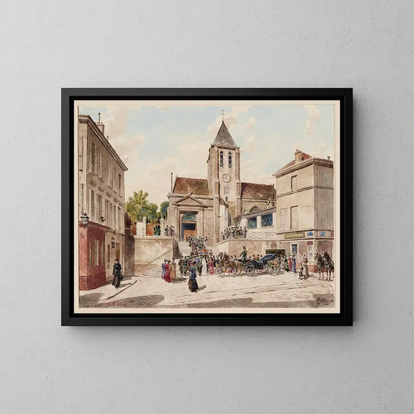 L: kyrkan Saint-Germain de Charonne, 4 place Saint-Blaise och 119 rue de Bagnolet, Utgången från ett bröllop - Fédor Hoffbauer — inramlat konstverk på väggen