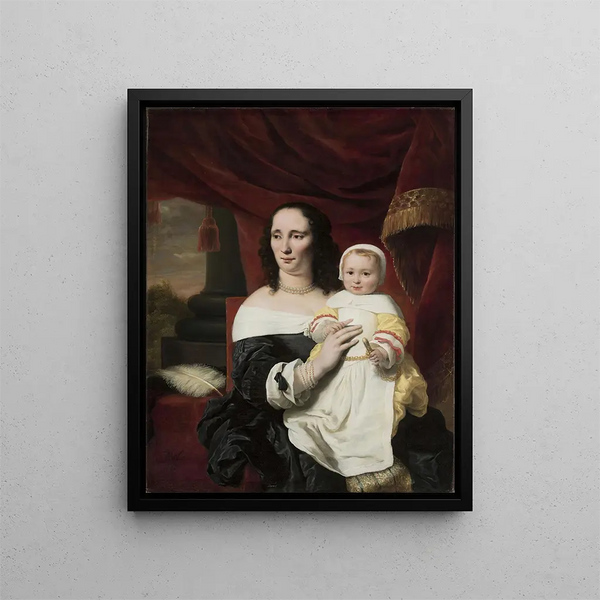 Johanna de Geer Portrait med sin dotter Cecilia - Ferdinand Bol — inramlat konstverk på väggen