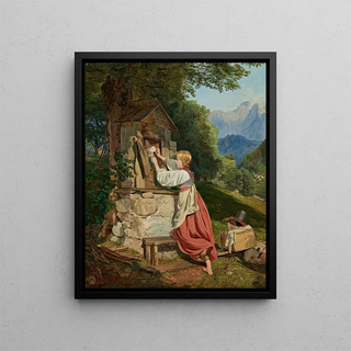 Ferdinand Georg Waldmller - Ein Mdchen schmckt die Mutter Gottes mit einer Rose.webp