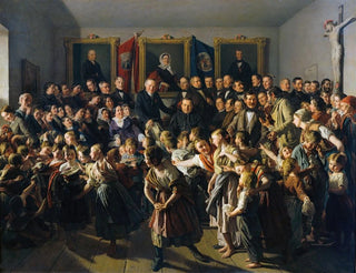 Barn till fattiga familjer får hjälp av kommunen i Spittelberg vid Saint-Michel med vinterkläder. - Ferdinand Georg Waldmüller — vy av konstverket