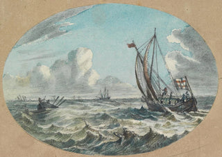 Ferdinand Keller - Seestck Segel und Ruderboote auf bewegtem Meer.webp
