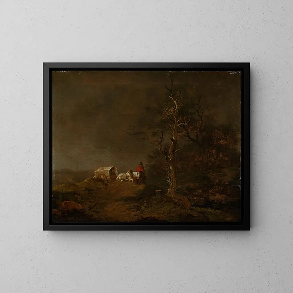stormig landskapsbild med bondvagn - Ferdinand Kobell — inramlat konstverk på väggen