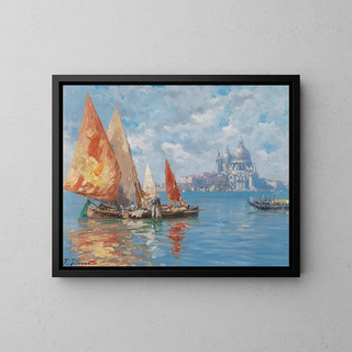 Fiskebåtar i Venedig framför Santa Maria della Salute - Ferdinando Silvani — inramlat konstverk på väggen