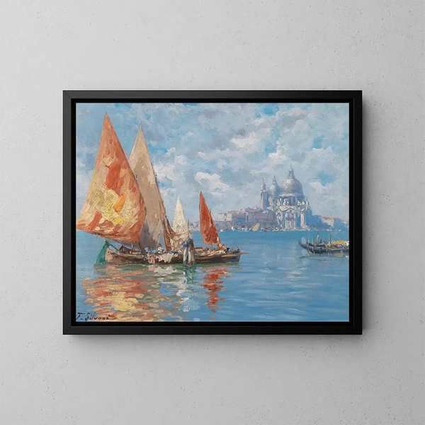 Fiskebåtar i Venedig framför Santa Maria della Salute - Ferdinando Silvani — inramlat konstverk på väggen