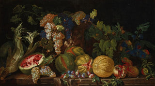 Filippo Lauri - Nature morte aux melons grenades raisins pastque et autres fruits et lgumes sur un entablement.webp