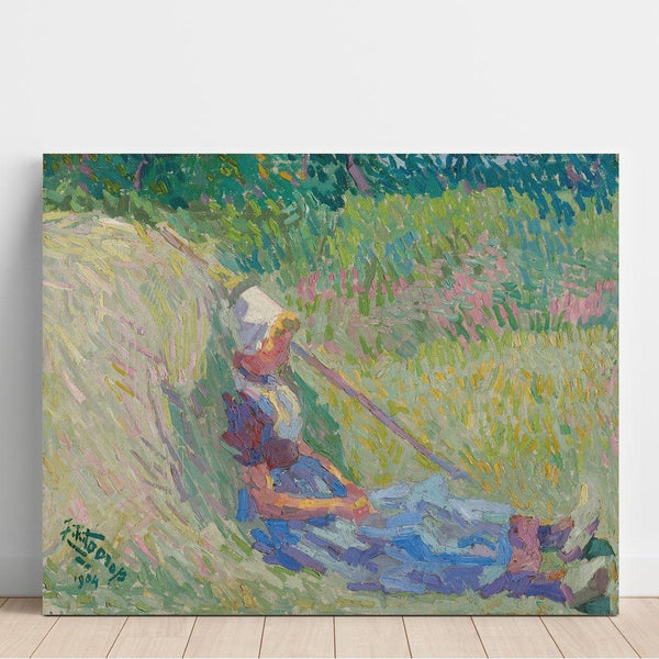 Reproduktion av målningen av en flicka som vilar mot en höhög - Jan Toorop