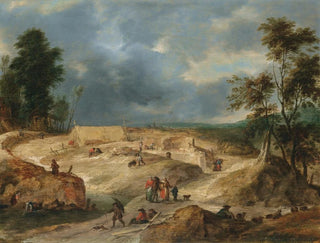 Flemish School - A Landscape With Peasants Building A Village.webp