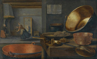 Floris van Schooten - A Kitchen Still Life With Pots And Pans On A Stone Ledge And Animated Figures In The Background.webp