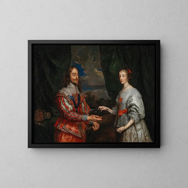 porträtt av kung Charles I och drottning Marie Henriette - Antoine van Dyck-skolan — inramlat konstverk på väggen