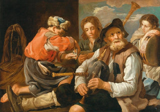 Follower of Eberhard Keil - Young Men Playing Cards And A Bagpipe Player Allegory Of Hearing And Sight.webp