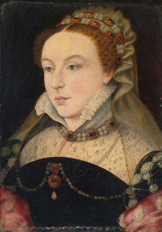 Follower of Franois Clouet - Portrait Of Mademoiselle De Chabot In A Black Dress With A Lace Ruff And Jewelled Headdress.webp