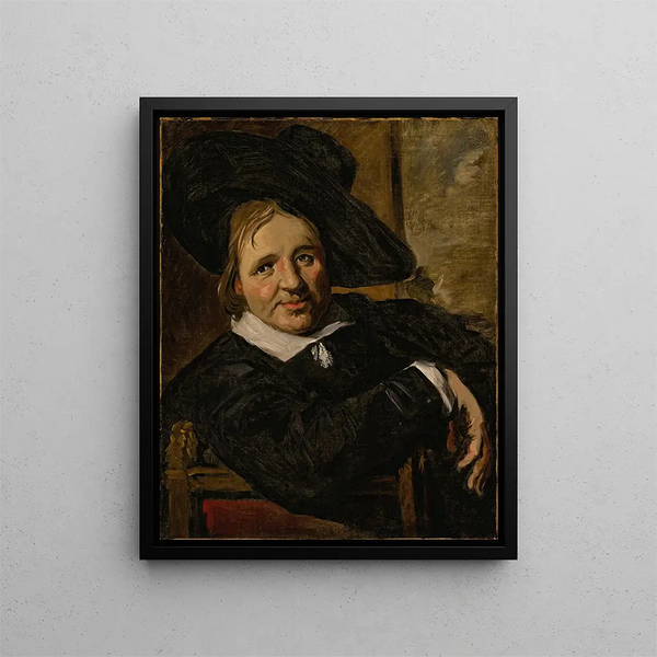 Porträtt av en man sittande och bär en hatt - Frans Hals skola — inramlat konstverk på väggen
