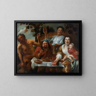 Le satyre et le paysan - Ecole de Jacob Jordaens — inramlat konstverk på väggen