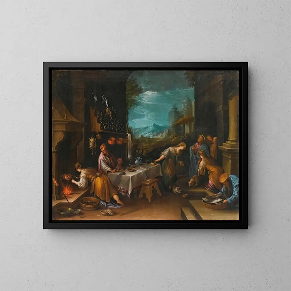 Le Christ dans la maison de Marie et Marthe - Ecole de Jacopo da Ponte — inramlat konstverk på väggen