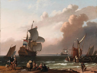 Follower of Ludolf Backhuysen - Coastal Scene with a ManofWar and other Vessels.webp