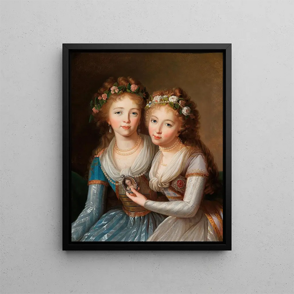 dubbelporträtt av storhertiginnorna Alexandra 1783-1801 och Hélène 1784-1803 Romanov, döttrar till tsar Paul I - Marie-Louise Élisabeth Vigée Le Brun skola — inramlat konstverk på väggen