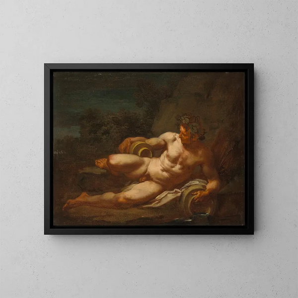 En flodgud liggande i ett landskap - Nicolas Poussin-skolan — inramlat konstverk på väggen