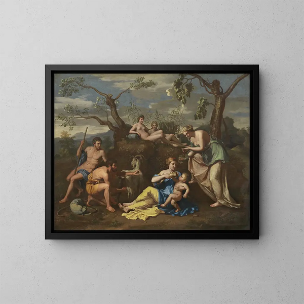 Nymphe som matar barnet Jupiter - Nicolas Poussin-skolan — inramlat konstverk på väggen