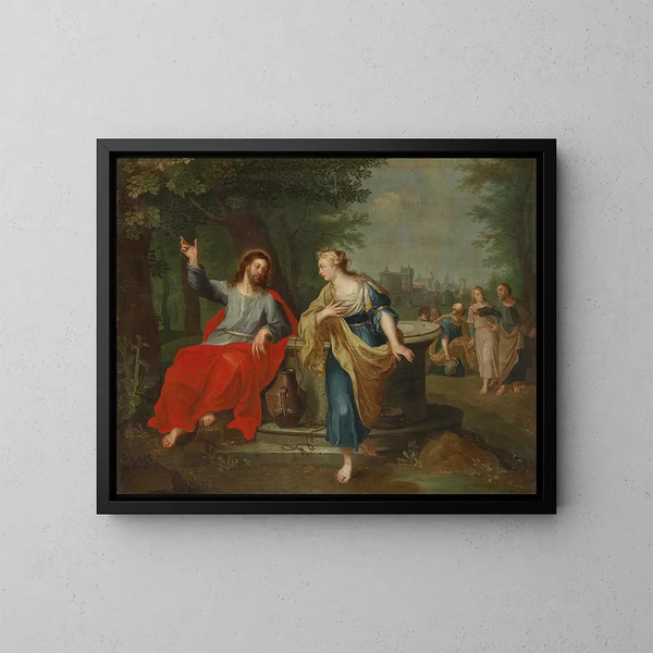 Le Christ et la femme samaritaine au puits - Ecole de Peter Paul Rubens — inramlat konstverk på väggen